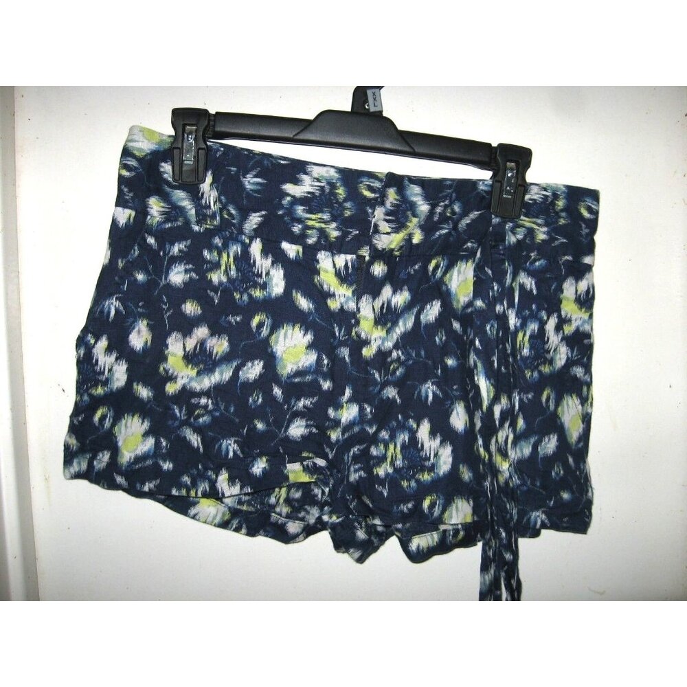 Kimchi‎ Blue White Yellow Splattered Paint Floral Belted Shorts 4 Linen Cotton